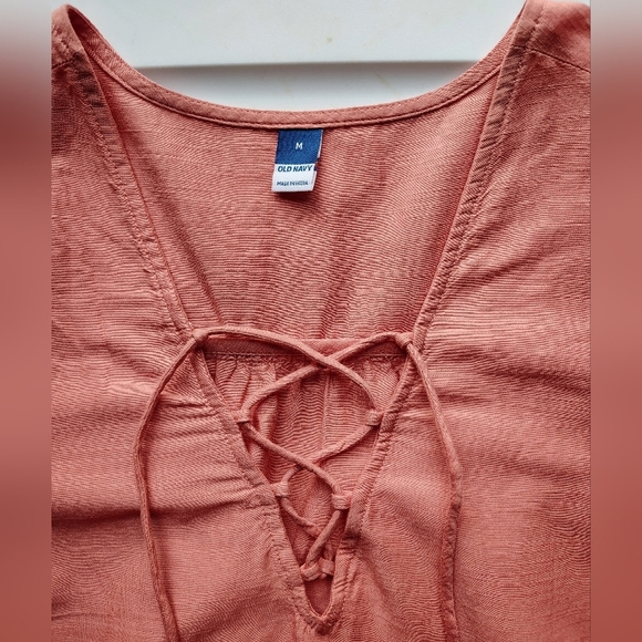 Tiered Lace-Up Mini Swing Dress Eyelet Floral Hem Coral Long Sleeve M. - Picture 8 of 17